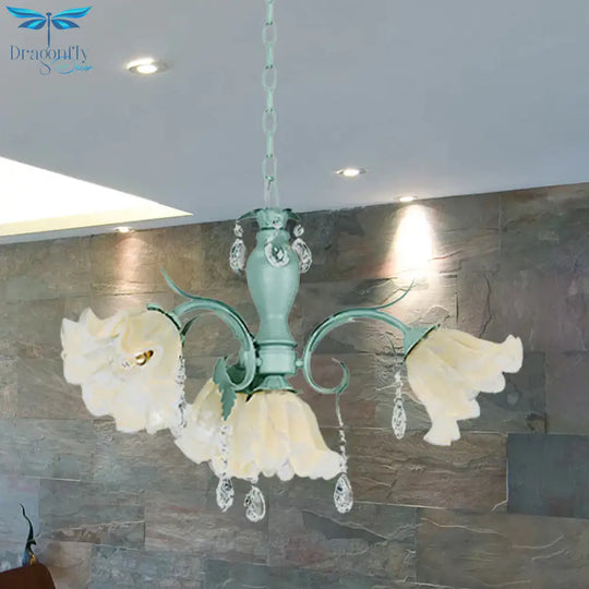 Ivory Glass Blue Pendant Lighting Scalloped 4/7/9 Heads Korean Flower Chandelier With Crystal Drop