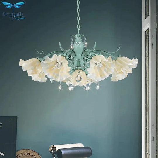 Ivory Glass Blue Pendant Lighting Scalloped 4/7/9 Heads Korean Flower Chandelier With Crystal Drop