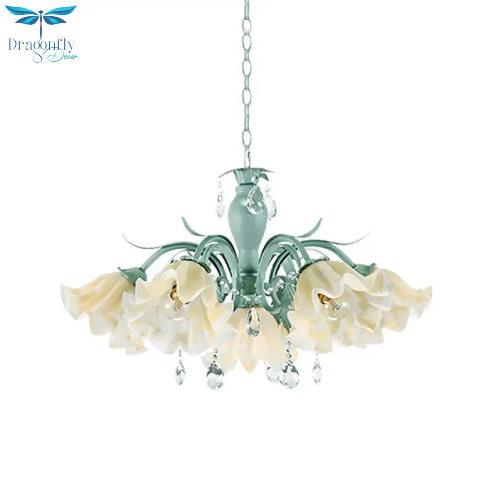 Ivory Glass Blue Pendant Lighting Scalloped 4/7/9 Heads Korean Flower Chandelier With Crystal Drop