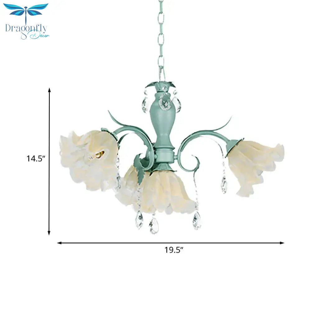 Ivory Glass Blue Pendant Lighting Scalloped 4/7/9 Heads Korean Flower Chandelier With Crystal Drop