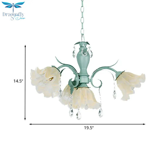 Ivory Glass Blue Pendant Lighting Scalloped 4/7/9 Heads Korean Flower Chandelier With Crystal Drop