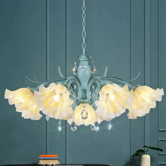 Ivory Glass Blue Pendant Lighting Scalloped 4/7/9 Heads Korean Flower Chandelier With Crystal Drop