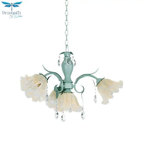Ivory Glass Blue Pendant Lighting Scalloped 4/7/9 Heads Korean Flower Chandelier With Crystal Drop