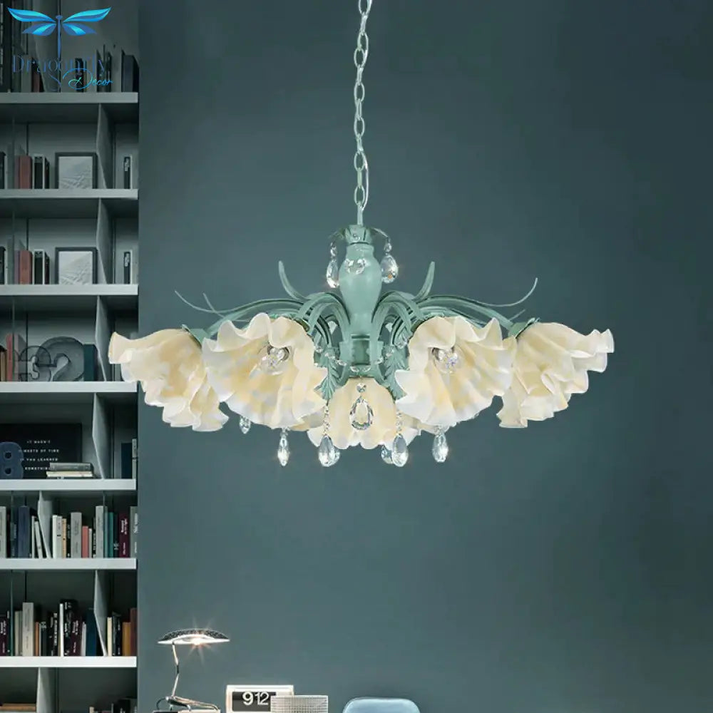Ivory Glass Blue Pendant Lighting Scalloped 4/7/9 Heads Korean Flower Chandelier With Crystal Drop
