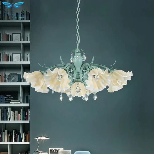 Ivory Glass Blue Pendant Lighting Scalloped 4/7/9 Heads Korean Flower Chandelier With Crystal Drop