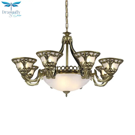 Ivory Glass Bowl/Bell Ceiling Hang Lamp Vintage 11 Lights Bedroom Chandelier Lighting