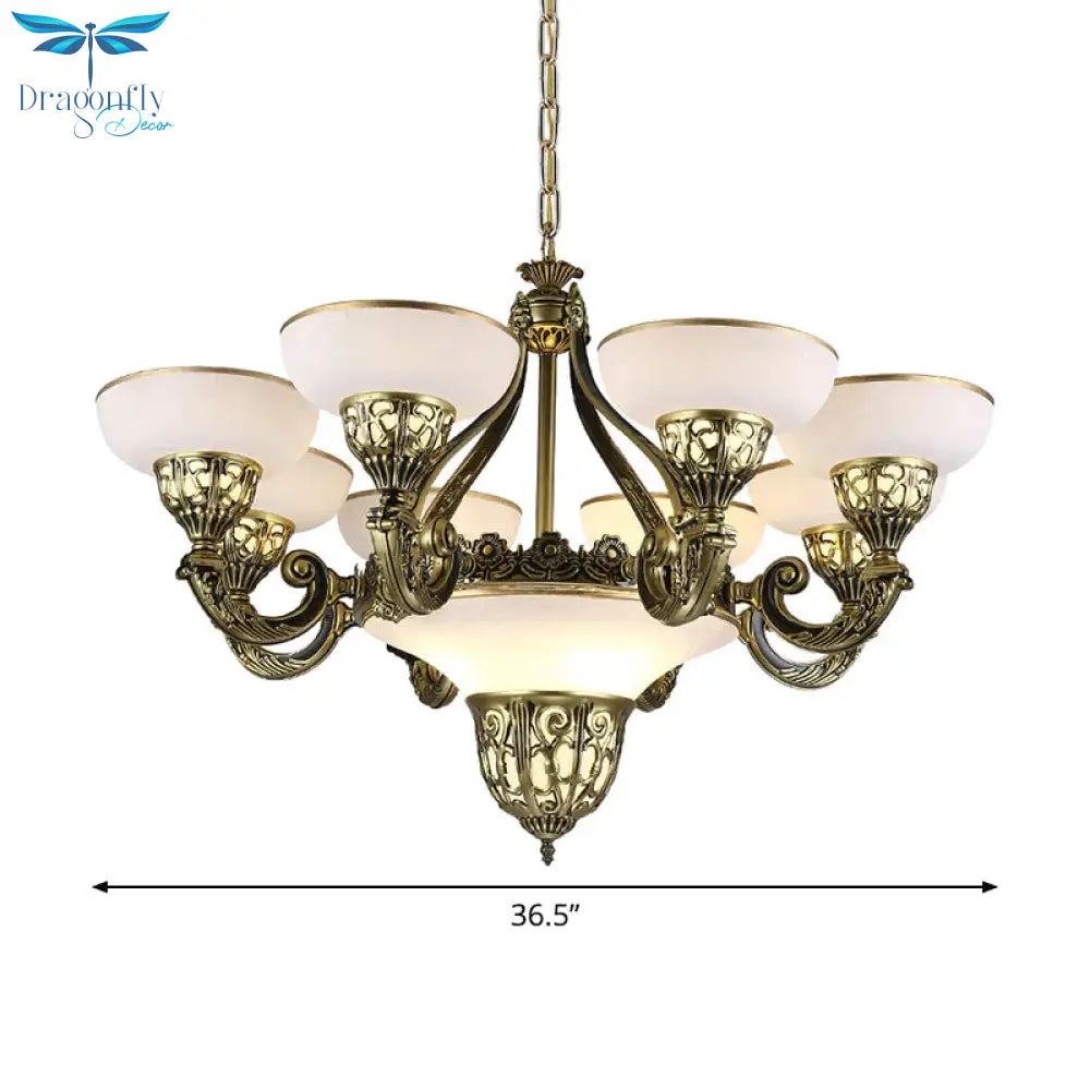 Ivory Glass Bowl/Bell Ceiling Hang Lamp Vintage 11 Lights Bedroom Chandelier Lighting
