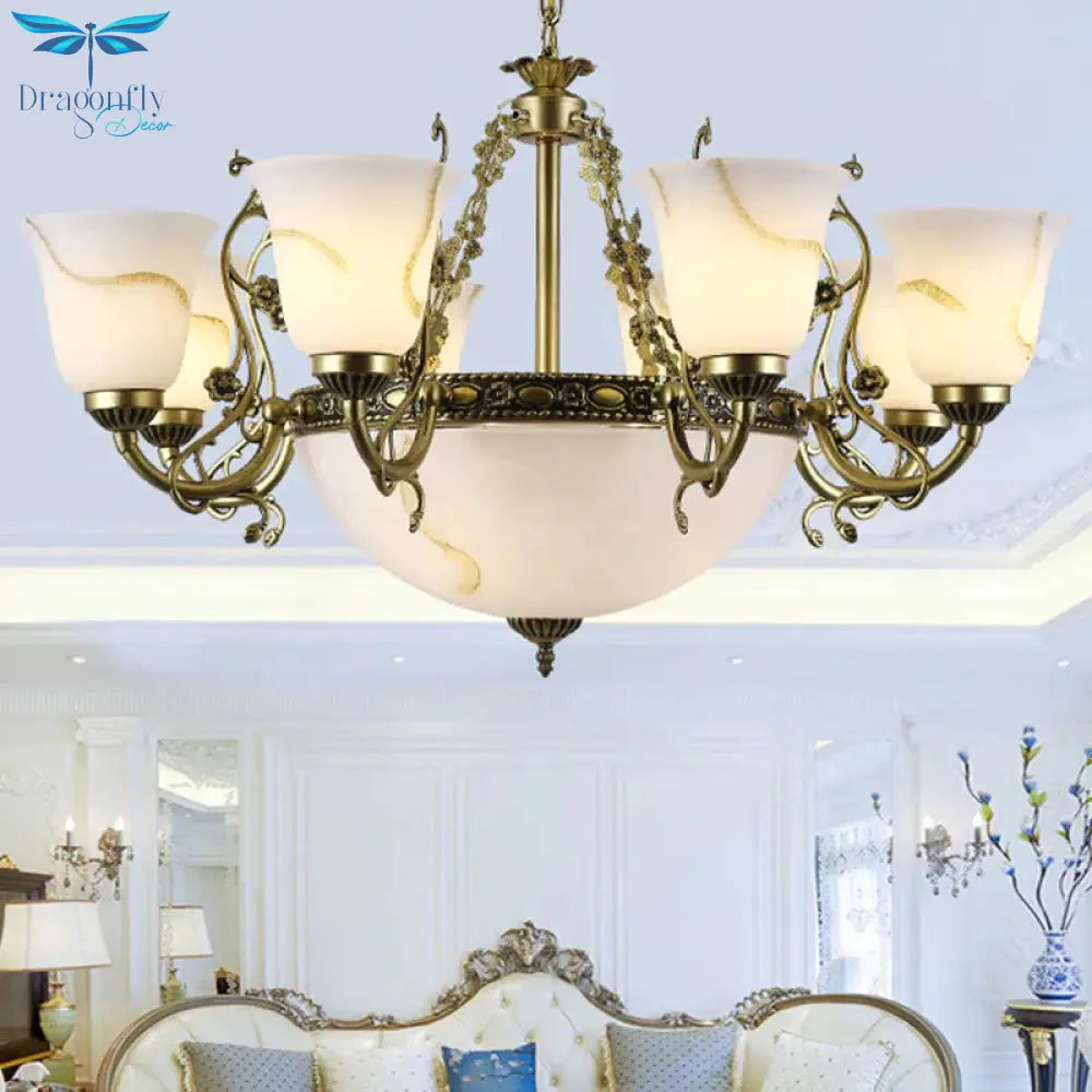 Ivory Glass Bowl/Bell Ceiling Hang Lamp Vintage 11 Lights Bedroom Chandelier Lighting