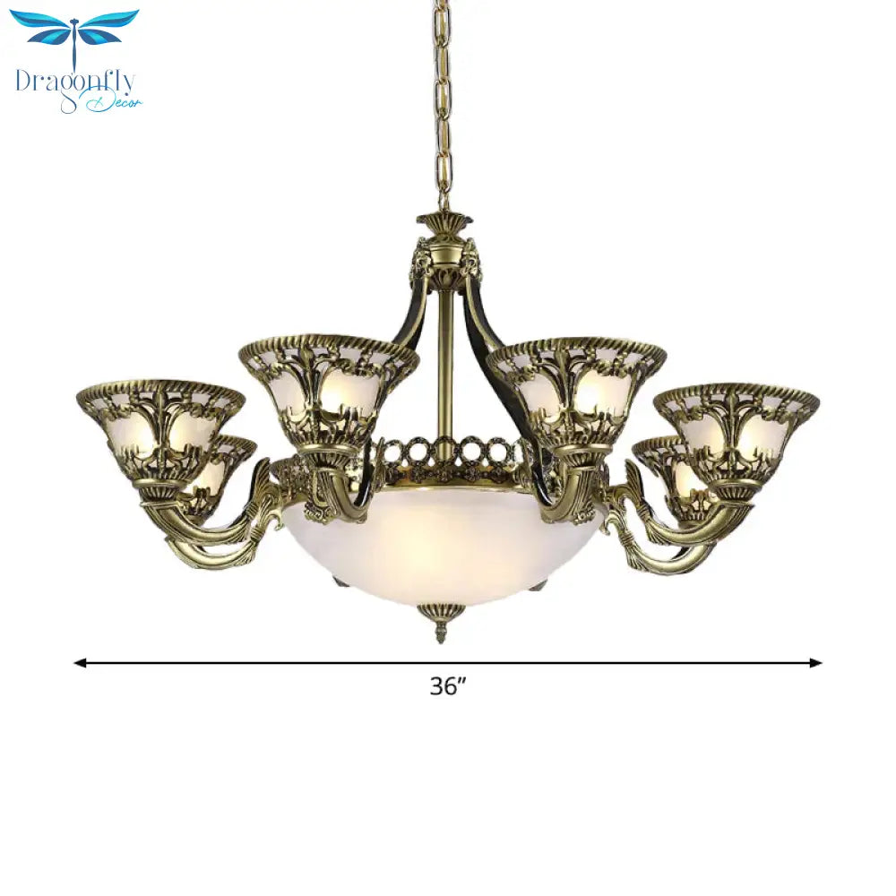 Ivory Glass Bowl/Bell Ceiling Hang Lamp Vintage 11 Lights Bedroom Chandelier Lighting