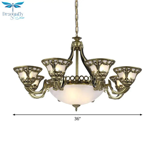 Ivory Glass Bowl/Bell Ceiling Hang Lamp Vintage 11 Lights Bedroom Chandelier Lighting