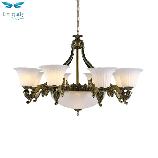 Ivory Glass Bowl/Bell Ceiling Hang Lamp Vintage 11 Lights Bedroom Chandelier Lighting