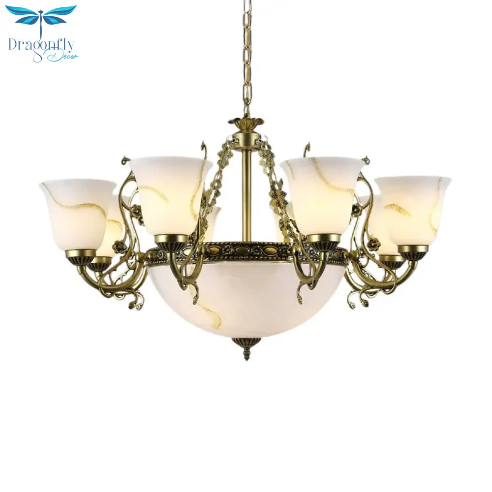 Ivory Glass Bowl/Bell Ceiling Hang Lamp Vintage 11 Lights Bedroom Chandelier Lighting