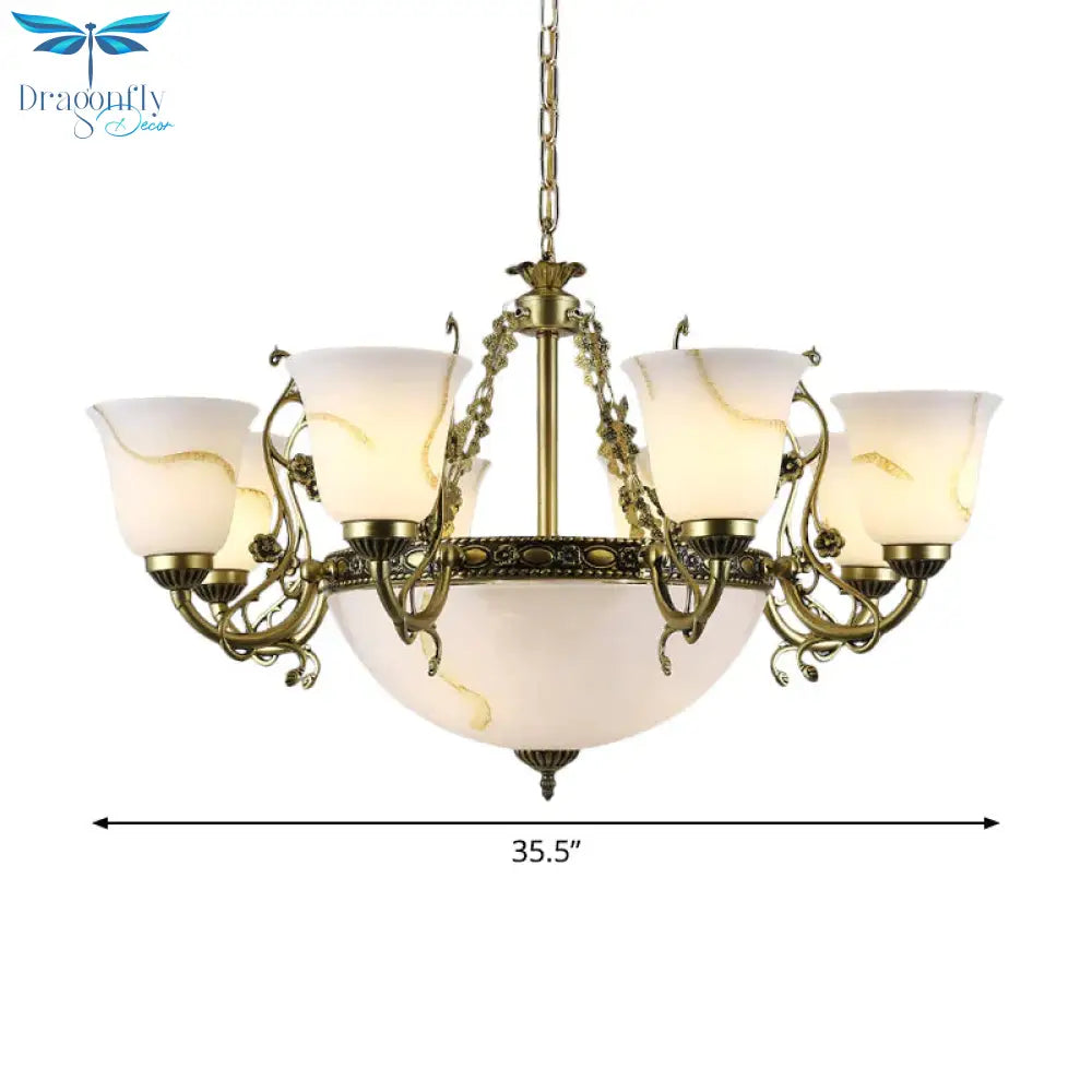 Ivory Glass Bowl/Bell Ceiling Hang Lamp Vintage 11 Lights Bedroom Chandelier Lighting