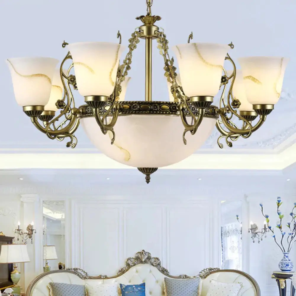 Ivory Glass Bowl/Bell Ceiling Hang Lamp Vintage 11 Lights Bedroom Chandelier Lighting Bronze / B