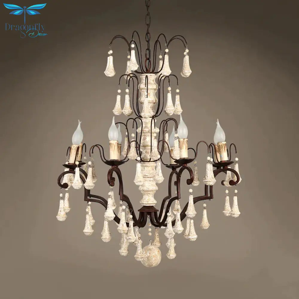Ivory Tiered Pendant Chandelier Traditional Wooden 8 Heads Living Room Hanging Ceiling Light