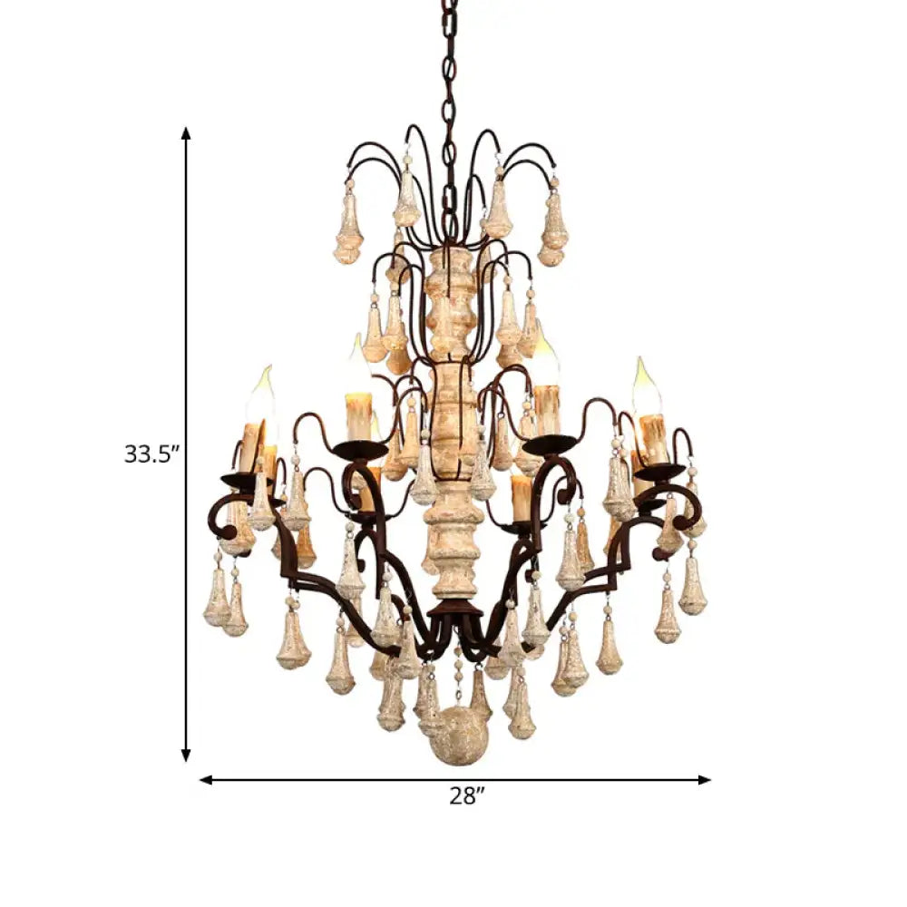 Ivory Tiered Pendant Chandelier Traditional Wooden 8 Heads Living Room Hanging Ceiling Light