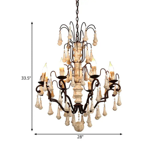 Ivory Tiered Pendant Chandelier Traditional Wooden 8 Heads Living Room Hanging Ceiling Light