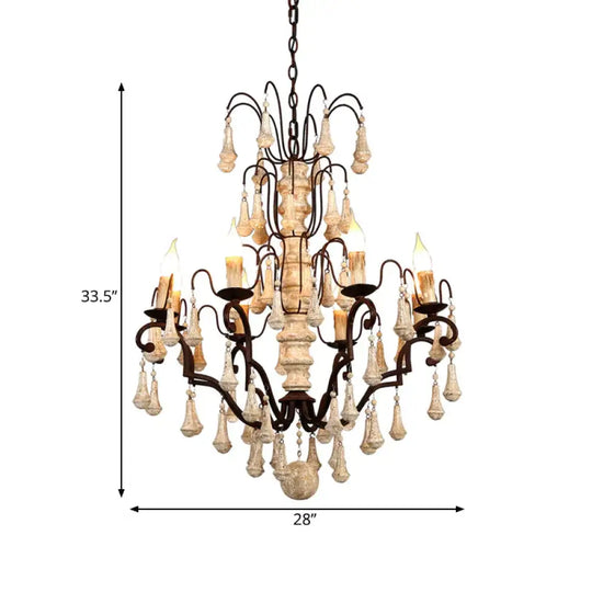 Ivory Tiered Pendant Chandelier Traditional Wooden 8 Heads Living Room Hanging Ceiling Light