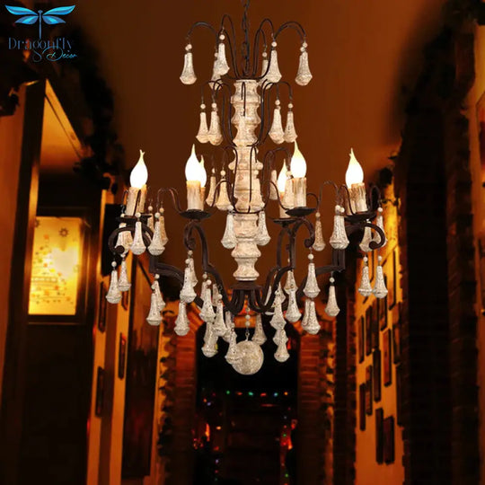 Ivory Tiered Pendant Chandelier Traditional Wooden 8 Heads Living Room Hanging Ceiling Light