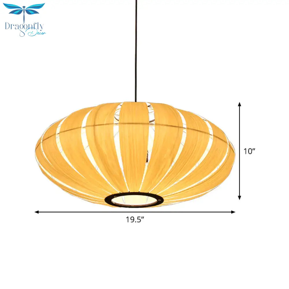 Japanese Lantern Pendant Chandelier Wood 3 Heads Suspended Lighting Fixture In Beige