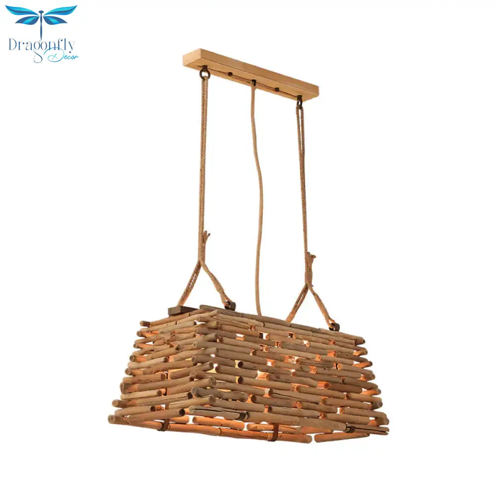 Japanese Trapezoid Pendant Chandelier Wood 3 Heads Hanging Ceiling Light In Brown For Dining Room