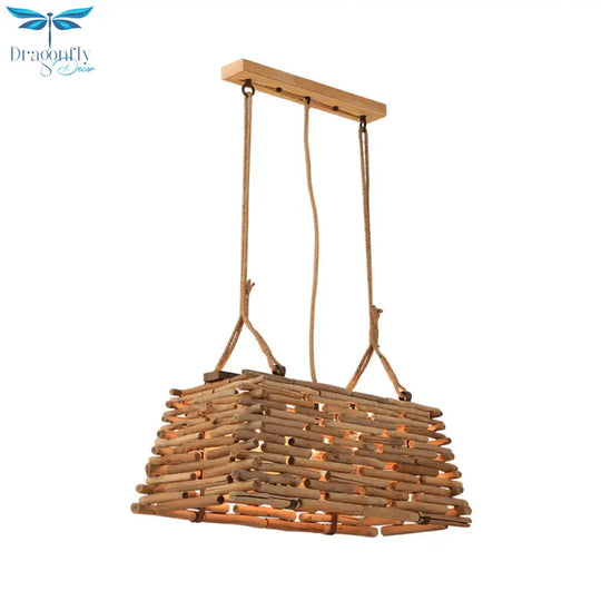 Japanese Trapezoid Pendant Chandelier Wood 3 Heads Hanging Ceiling Light In Brown For Dining Room