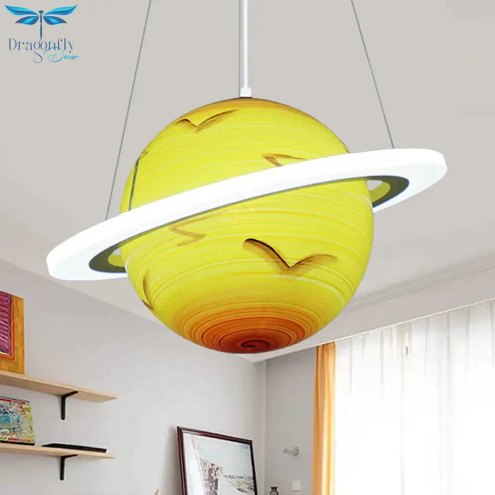 Kids 1 Bulb Suspension Light Yellow - Brown Jupiter/Blue Earth/Orange Sun Globe Pendant Chandelier