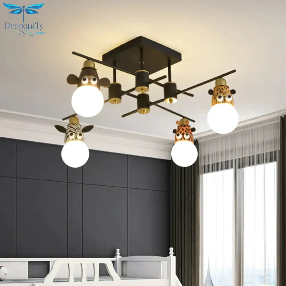 Kids Animal Metal Chandelier Lamp 4 Lights Pendant Lighting Fixture In Black For Nursery