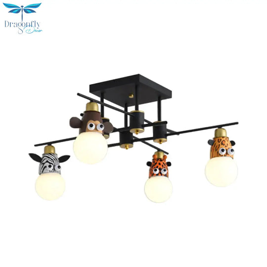 Kids Animal Metal Chandelier Lamp 4 Lights Pendant Lighting Fixture In Black For Nursery