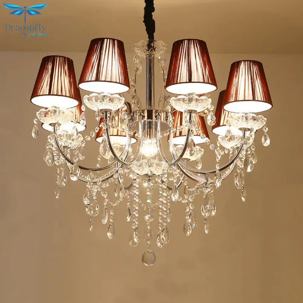 Kids Bedroom Lighting Crystal Chandelies 8 Light Fabric Shade Hanging In Nickel Finish