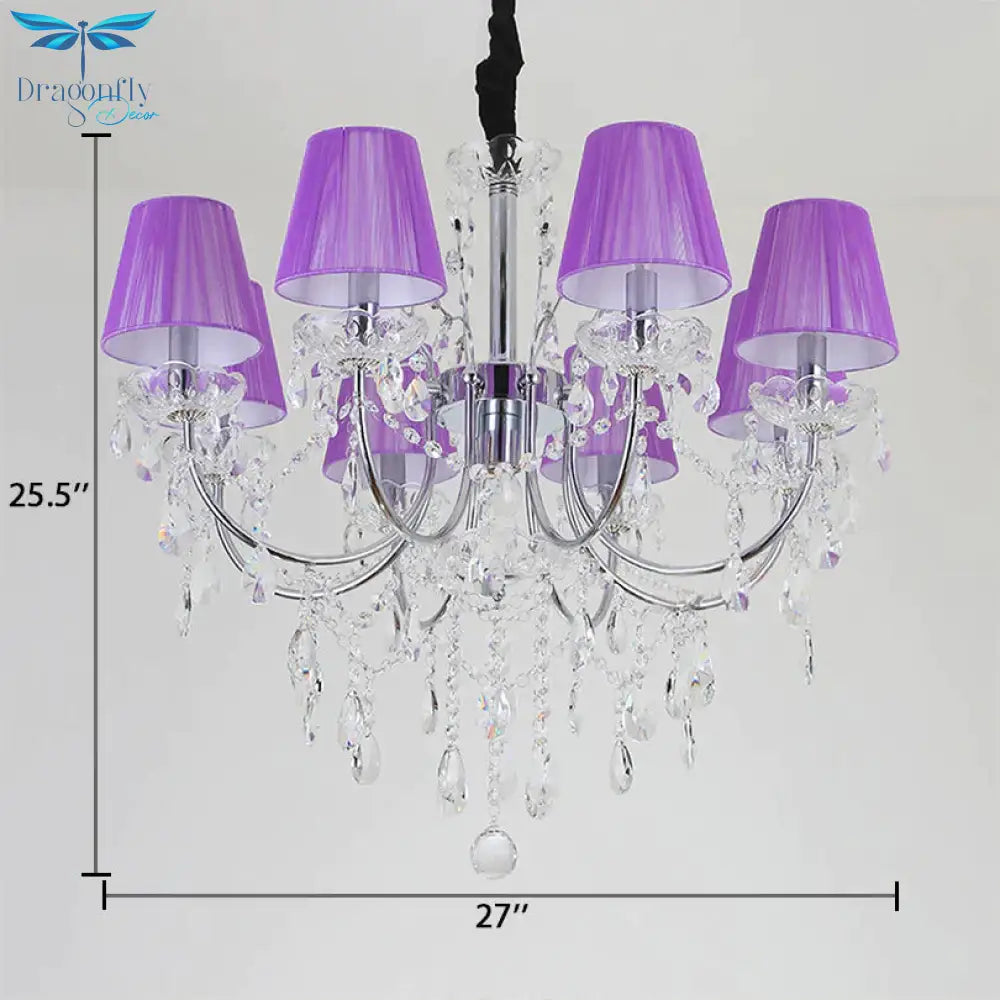 Kids Bedroom Lighting Crystal Chandelies 8 Light Fabric Shade Hanging In Nickel Finish