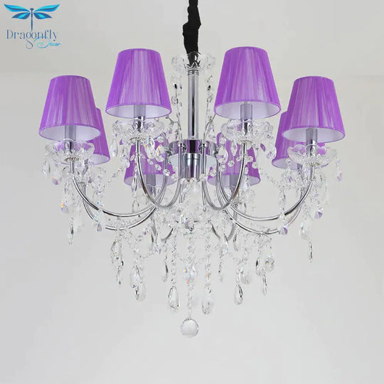 Kids Bedroom Lighting Crystal Chandelies 8 Light Fabric Shade Hanging In Nickel Finish