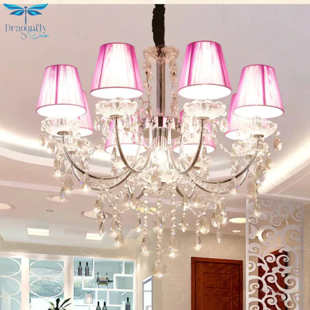 Kids Bedroom Lighting Crystal Chandelies 8 Light Fabric Shade Hanging In Nickel Finish