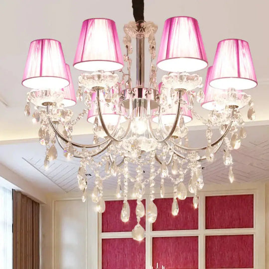 Kids Bedroom Lighting Crystal Chandelies 8 Light Fabric Shade Hanging In Nickel Finish Purple