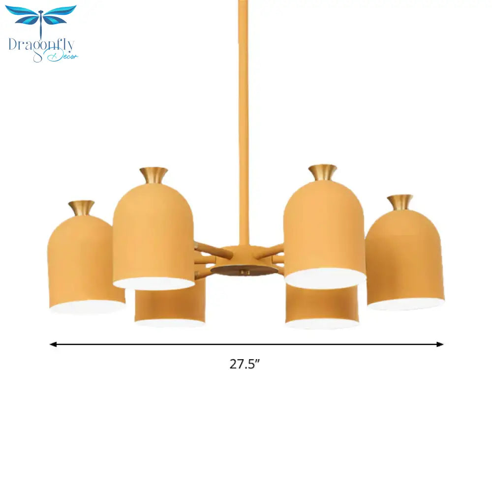 Kids Cup Shade Hanging Light Metal Six Lights Yellow Chandelier For Adult Bedroom