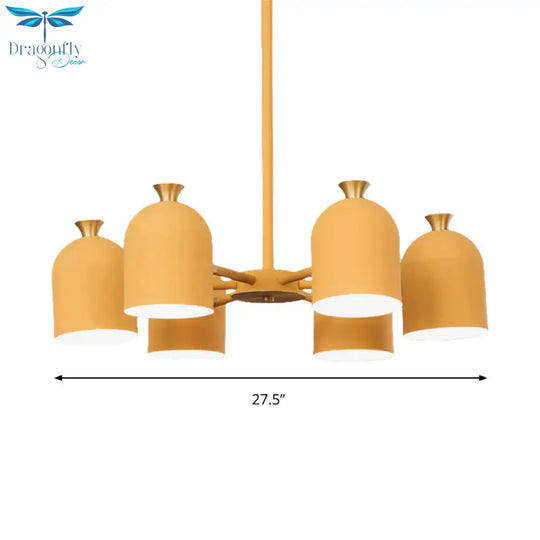 Kids Cup Shade Hanging Light Metal Six Lights Yellow Chandelier For Adult Bedroom