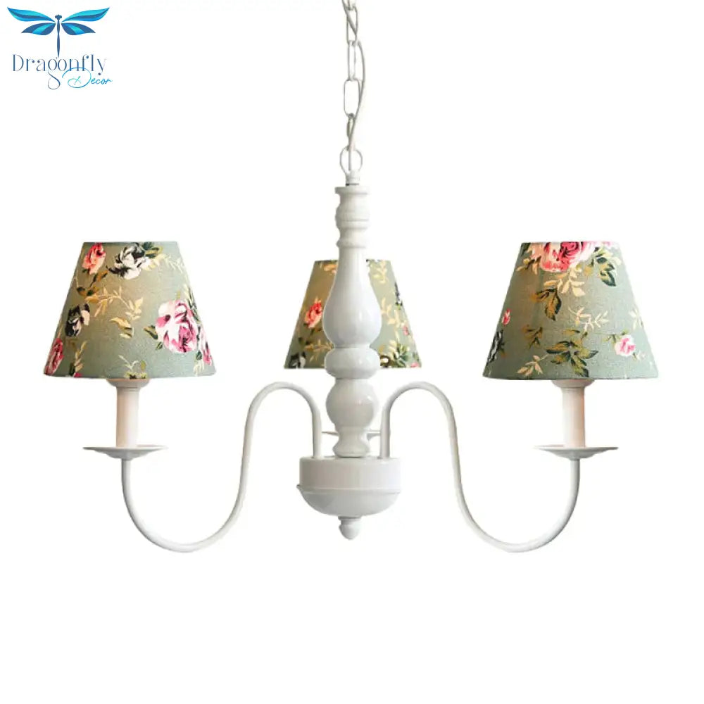 Kids Flower Hanging Light With Tapered Shade 3 Lights Metal Chandelier In Green For Nursing Room