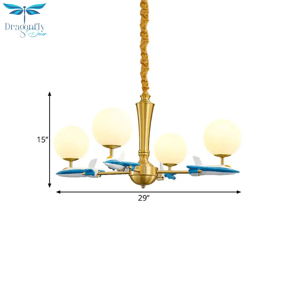 Kids Spherical Suspension Lamp Opaque Glass 4 Lights Nursery Chandelier Light With Airplane Deco In