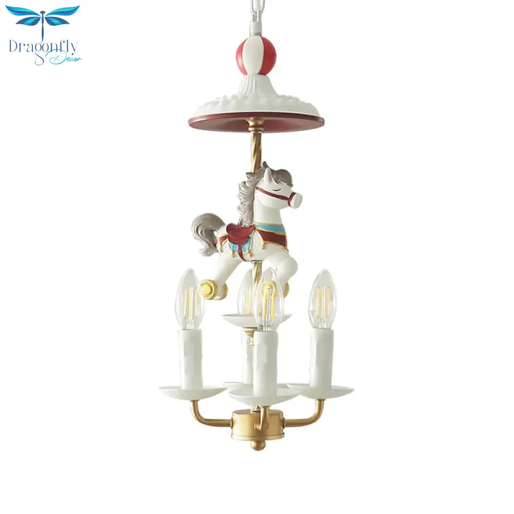 Kids Style Candle Chandelier Metal 4 - Light Bedroom Hanging Lamp With Horse Top In White
