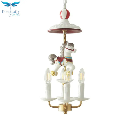 Kids Style Candle Chandelier Metal 4 - Light Bedroom Hanging Lamp With Horse Top In White