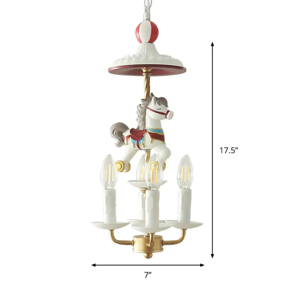 Kids Style Candle Chandelier Metal 4 - Light Bedroom Hanging Lamp With Horse Top In White