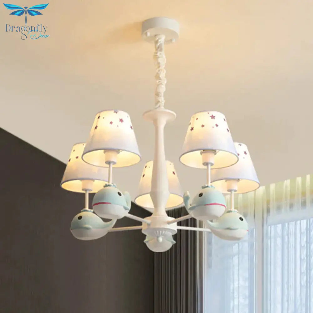 Kids Whale Resin Chandelier Lighting 5 Bulbs Pendant Ceiling Light In Blue With Conical Fabric Shade