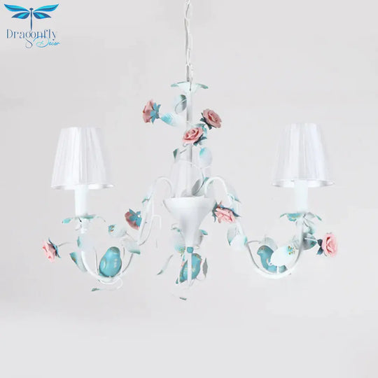 Korean Flower Candle Hanging Chandelier 3/6 - Light Fabric Pendant Lamp With Swoop Arm In White