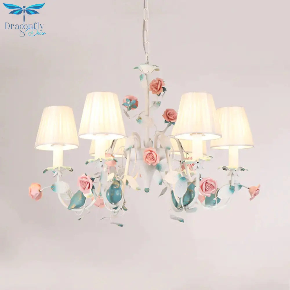 Korean Flower Candle Hanging Chandelier 3/6 - Light Fabric Pendant Lamp With Swoop Arm In White