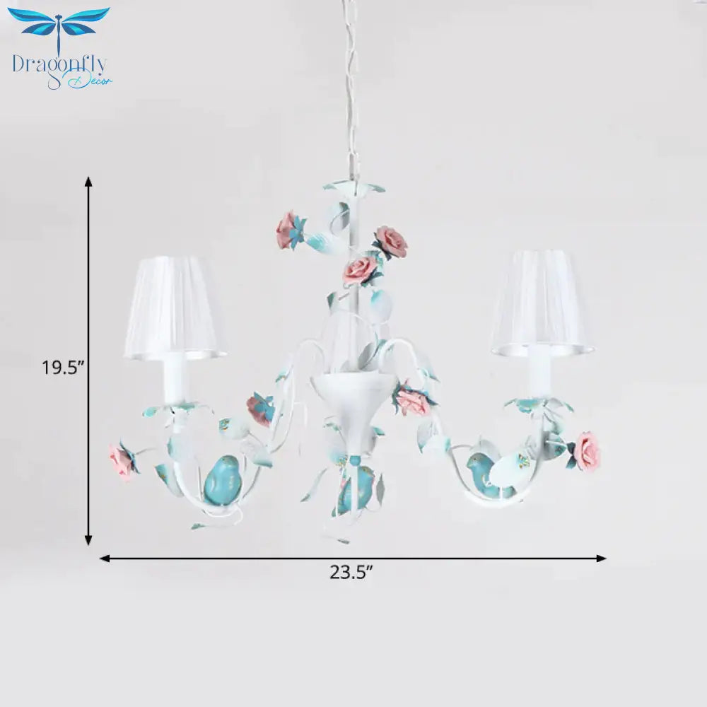 Korean Flower Candle Hanging Chandelier 3/6 - Light Fabric Pendant Lamp With Swoop Arm In White