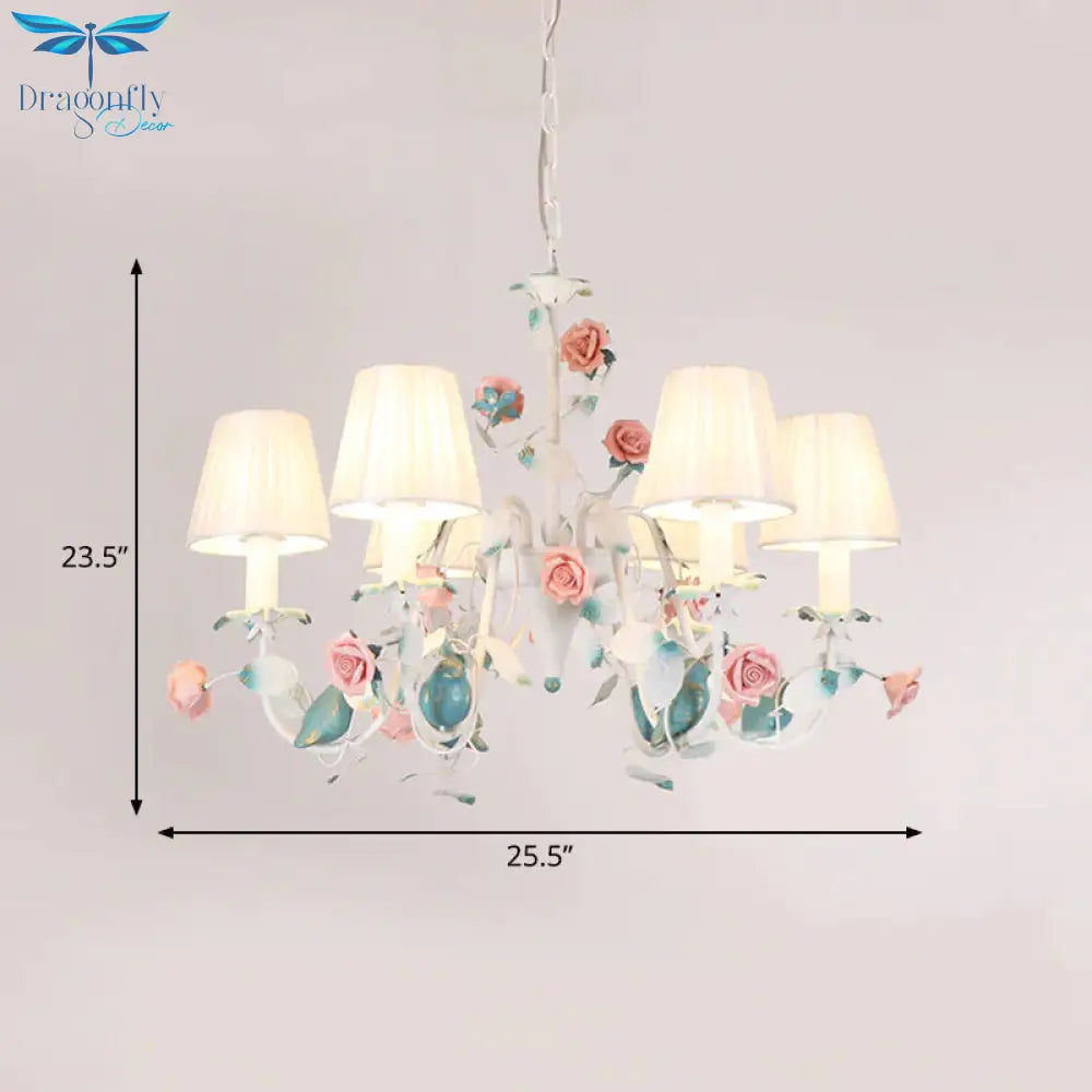 Korean Flower Candle Hanging Chandelier 3/6 - Light Fabric Pendant Lamp With Swoop Arm In White