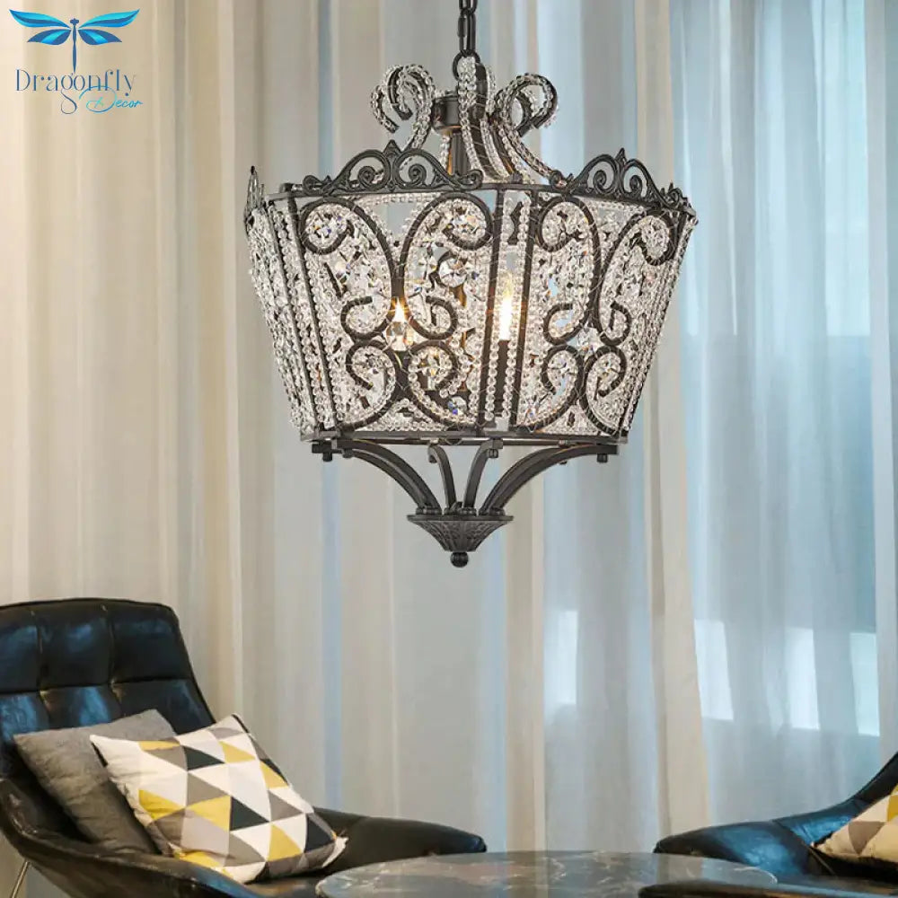 Lantern Bedroom Pendant Chandelier Country Crystal 4 Lights Black Hanging Fixture