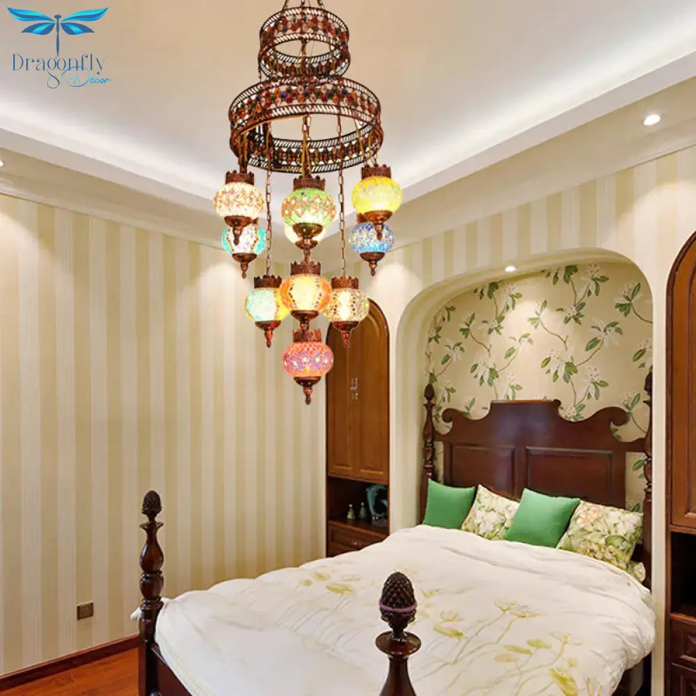 Lantern Bedroom Pendant Lighting Bohemia Stained Glass 10 Lights Purple Chandelier Light