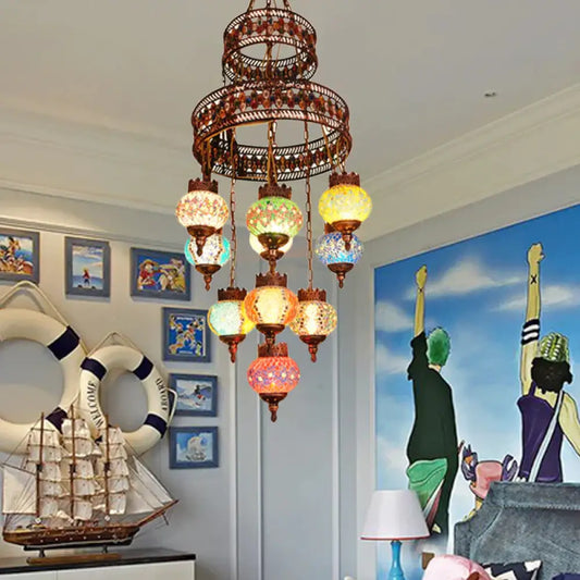 Lantern Bedroom Pendant Lighting Bohemia Stained Glass 10 Lights Purple Chandelier Light