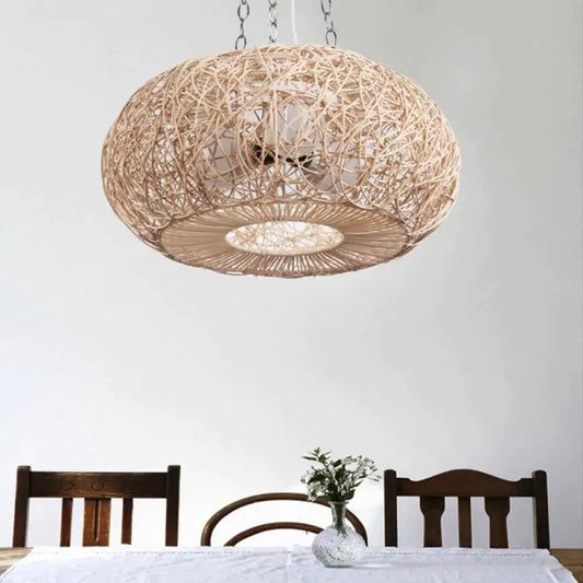 Lantern Chandelier Lighting Japanese Bamboo 3 Bulbs Beige Pendant Fixture
